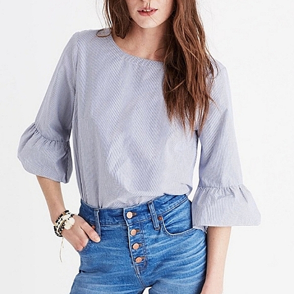 Madewell Tops - MADEWELL Bell Sleeve Ruffle Pinstripe Top EUC